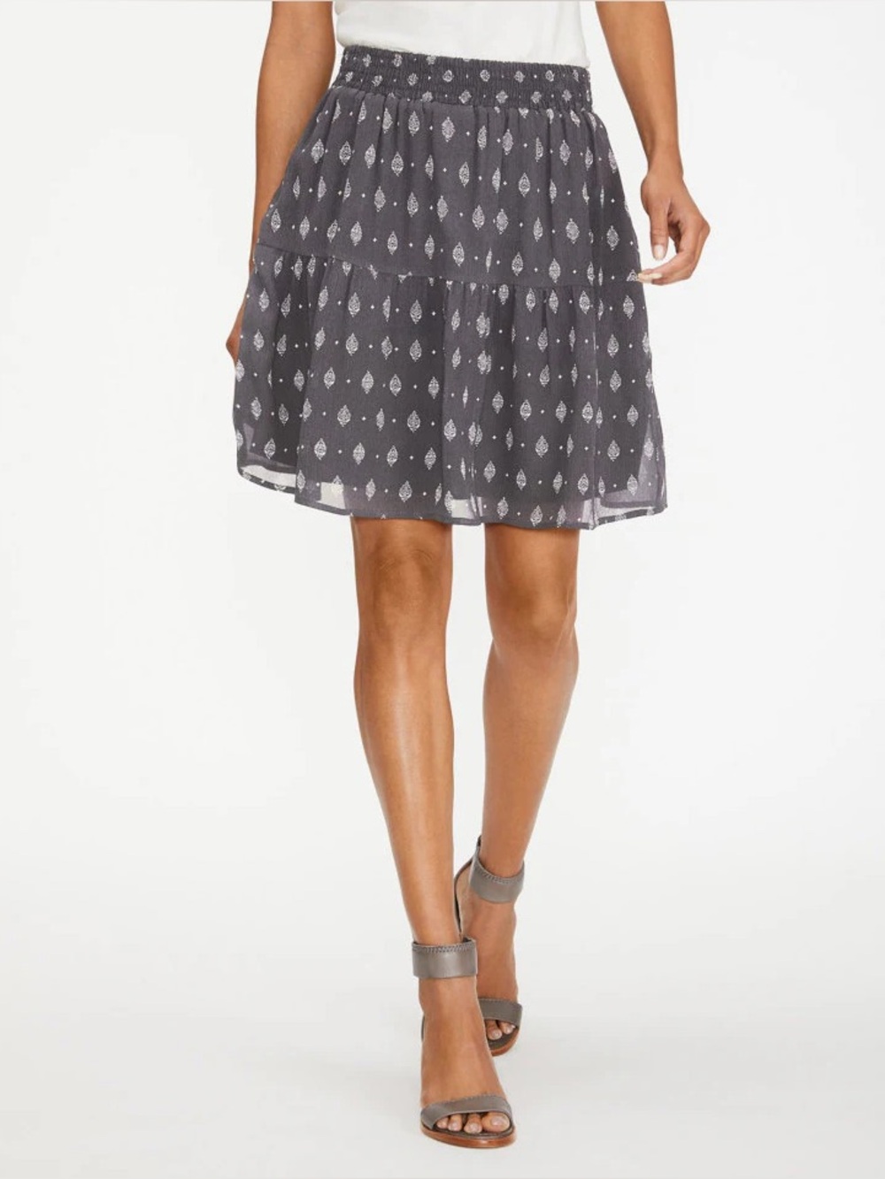 Garnet Hill 100% Silk Gray Paisley Tiered Skirt